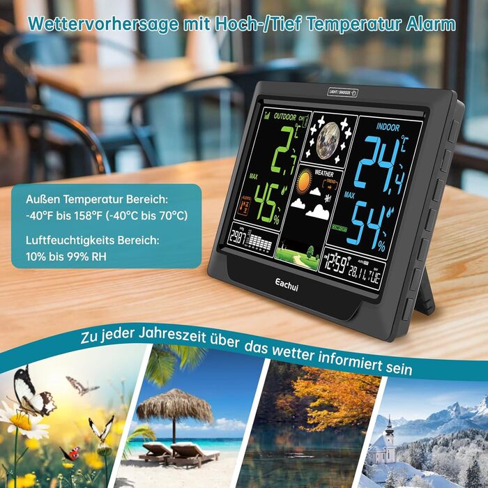 Eachui Weather Station Radio with Outdoor Sensor, Large Color Display, Radio Weather Station with Weather Forecast, DCF Radio Clock, Indoor and Outdoor Temperature and Humidity, Barometer, Battery Powered (Black)