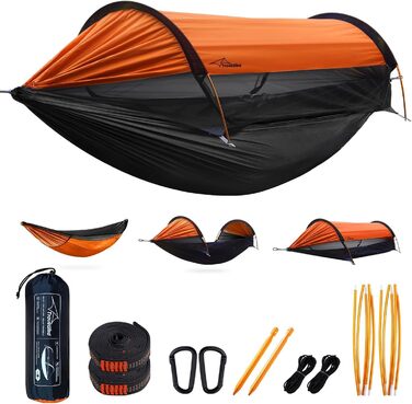 Гамак-намет для кемпінгу з москітною сіткою та сонцезахистом, 290x140 см, великий простір, легкий, з ременями для кріплення до дерева, підлоговий намет для відпочинку на природі, пікніків, походів, зелений (помаранчевий)