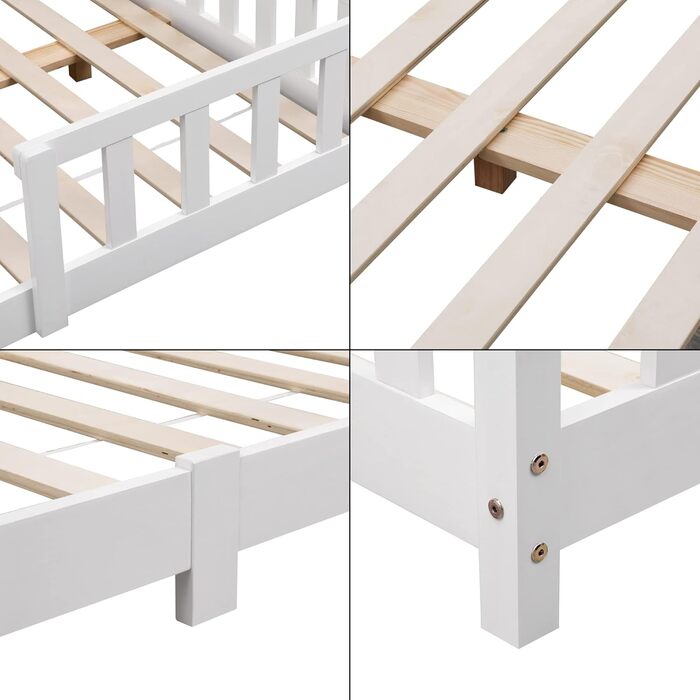 en.casa Kinderbett Sisimiut House Bed 140 x 200 cm with Side Rails, Wooden Bed for Children, Floor Bed, Slatted Frame, Pine Wood, Matt White, 140x200cm