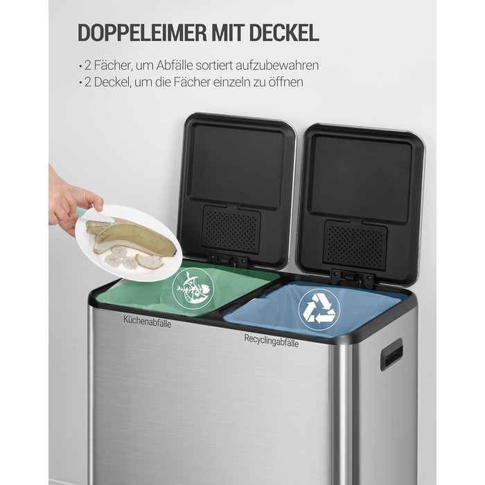 Відро для сміття з сортуванням 2 відділення 60 л (2 x 30 л), нержавіюча сталь, з педаллю, тихий закриття, з 15 пакетами, срібний SW06099E