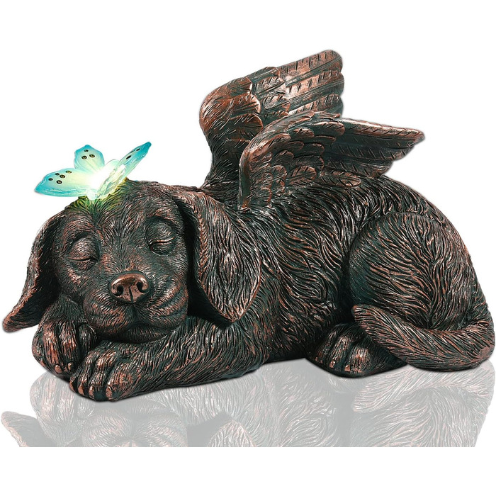 Yeomoo Dog Angel Solar Garden Decorations for Outdoors with Butterfly - Weatherproof Animal Statue Balcony Decor, Sleeping Puppy Solar-Powered Figure Grave Ornament Tombstone, Gifts for Women Mom Copper