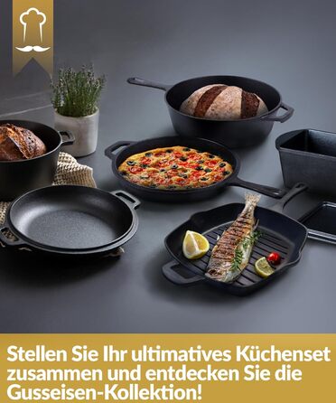 Чавунна гриль сковорода Chefarone 25.5 см з носиком – емальована сковорода для стейків, підходить для індукції, газу, склокераміки та духовки