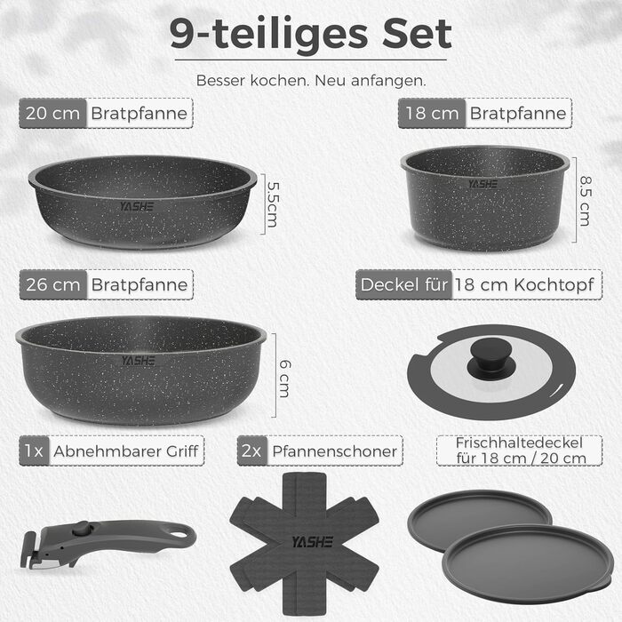 Набір каструль та сковорідок YASHE 9 шт. з антипригарним покриттям, білий (сірий), для всіх плит, знімний ручка, сумісний з духовкою, компактний, складений