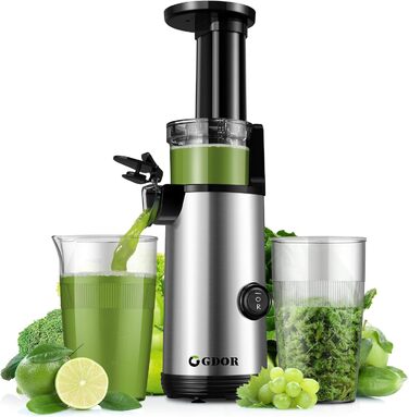 GDOR Компактний соковитискач: повільний соковитискач, BPA-free, срібний, 600 мл. Для овочів та фруктів, легко мити, тихий, з щіткою
