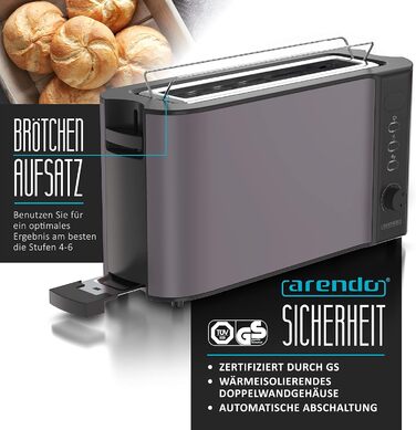Arendo - 2-Slice Long Slot Toaster - Defrost Function - 1000W - Double-Walled Housing - Integrated Bun Tray - Browning Levels 1-6 - Display with Remaining Time Display D: Silvergrey