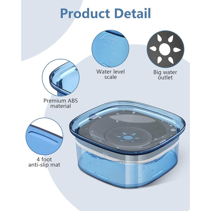 Миска для собак PETTOM, 2L, проти протікання, без облизування, велика (Блакитна)