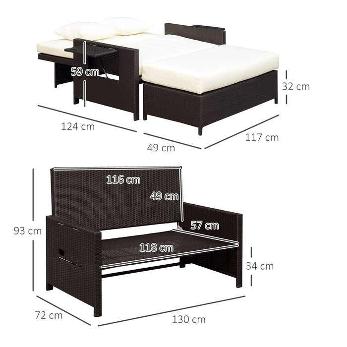 Крісло-софа Outsunny з ротангу Polyrattan, 2-місні, з подушками та пуфом, коричневого кольору, ідеально підходить для саду та тераси
