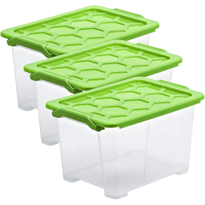 Rotho Evo Safe Keeping Storage Boxes with Lid, Plastic, Turquoise/Transparent (15l, 3-Piece Set)