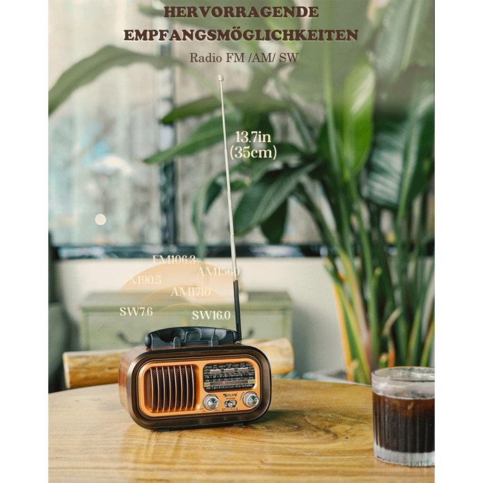 Ретро Радіо Klein з Bluetooth: портативне AM/FM/SW радіо з сонячною панеллю, USB/TF-карта, 1200mAh, золотий колір