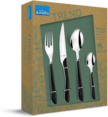 AMEFA Eclat Nature Cutlery Set, 4 Persons (Wood-look/black), 16-Piece with Fine Grain, Stainless Steel 18/10, Rustproof and High-Gloss Polished, Dishwasher Safe, Cutlery Set for 4 People