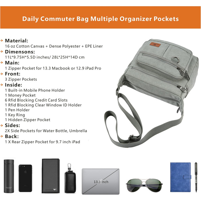 Чоловіча сумка-рюкзак W&G Traveler з RFID захистом, відділенням для ноутбука 13 дюймів, кишенями для телефону та документів, сірий колір