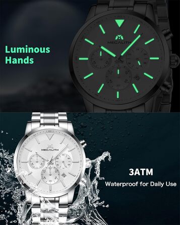 Чоловічий годинник MEGALITH з нержавіючої сталі, хронограф, водонепроникний: велике циферблат, дата, стильний подарунок для чоловіків (8345 Silver)