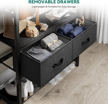 YITAHOME Entryway Storage Bench with Shoe Cabinet, Freestanding Entryway Bench with Bank and 2 Folding Drawers, Industrial Coat Rack with 8 Hooks for Entryway, Living Room, Bedroom, Metal Frame, Rustic Brown (Black)