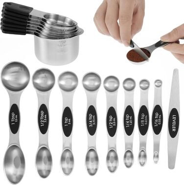 Magnetic Measuring Cup and Spoon Set with Strong Magnets, Durable Stainless Steel Measuring Cup and Spoon Set, Fits Most Kitchen Spice Jars for Baking and Cooking, 15-Piece Set with