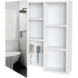 Bathroom cabinet with mirror, mirror cabinet for the bathroom wall-mounted with toothbrush holder and adjustable shelves, ventilation design, 65 x 15 x 65 cm, White