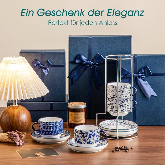 Набір чашок для еспресо Vancasso SELENE: 4 шт., з підставкою та стійкою, блакитно-білий вінтажний дизайн, порцеляна, для кави, капучино, лате та чаю