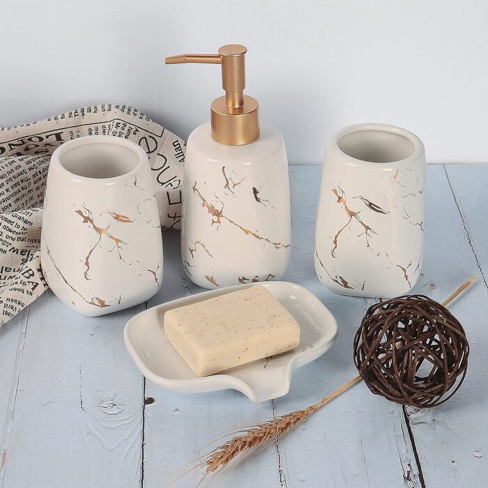 Набір аксесуарів для ванної кімнати з кераміки (4 шт): дозатор мила, тримач для зубних щіток, чашка, мильниця (білий)
