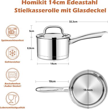 Каструля Homikit 8 см, 2.8 л, нержавіюча сталь з кришкою з термостійкого скла. Каструля для молока та інших страв, з тришаровим дном, підходить для всіх типів плит (індукція). Можна мити в посудомийній машині.