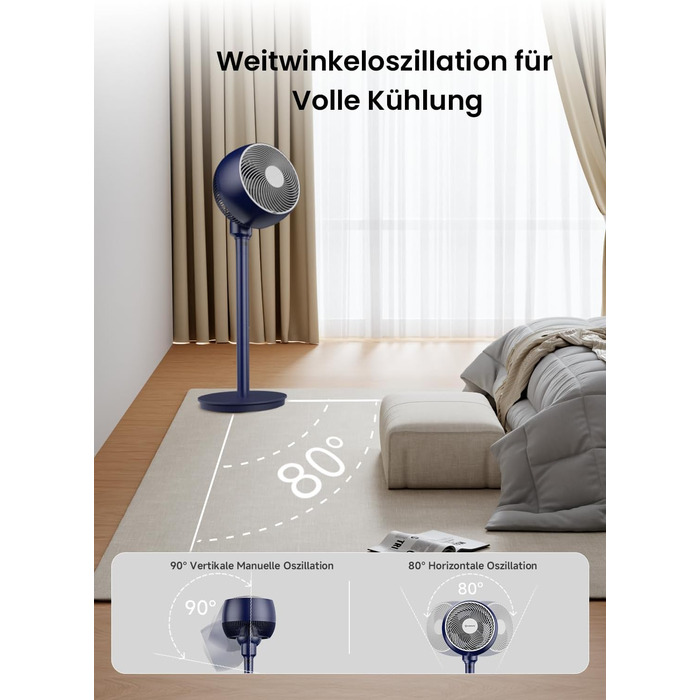 Вентилятор AIRMATE 25dB з підставкою, тихий, висока потужність 26 м, 1600 м³/год, регульована висота, з пультом керування, 3 режими/12 швидкостей/12 таймер