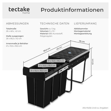 Кухонний сміттєвий кошир tectake на 3 камери з телескопічними направляючими, 31 л (2х8л + 15л), для сортування відходів, чорний