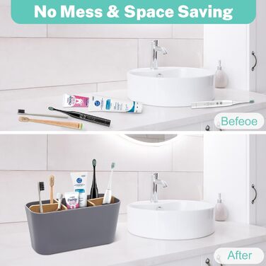 Тримач для зубних щіток з бамбуковими перегородками, сірий. Організатор для зубних щіток та пасти (4 щітки + 1 для пасти)