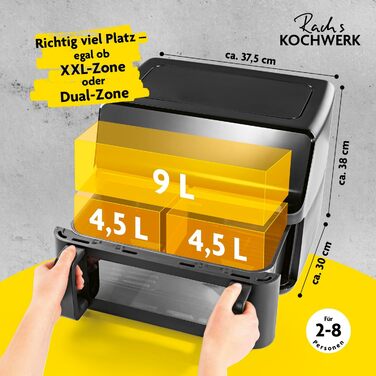 Фритюрниця RACHS KOCHWERK Vario-Doppelkammer 9 л з роздільною камерою, сенсорним екраном та 8 програмами | Електрична фритюрниця без олії, Smart-Cook, чорний колір