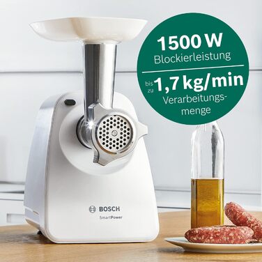 М'ясорубка Bosch SmartPower MFW2500W електрична, біла - компактна, потужна 1500 Вт, 1 диск 3.8 мм