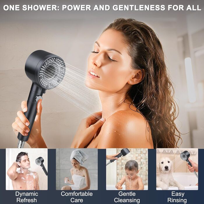 Насадка для душу з шлангом 2 м, фільтрована ручна лійка, високий тиск, економія води з мінеральними кульками, 5 режимів, стоп-функція для жорсткої води, залишків хлору, бактерій та важких металів, сірого кольору з шлангом