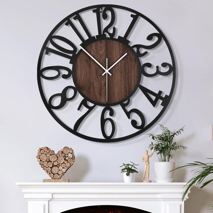 Large Wall Clock - Ticking Sounds, 34CM/14 Inch Silent, No Noise, Battery Operated, Modern, Oversized, Retro Vintage Large Wall Clock for Living Room, Bedroom, and Kitchen (14inch, Dark Brown - Arabic Numbers)