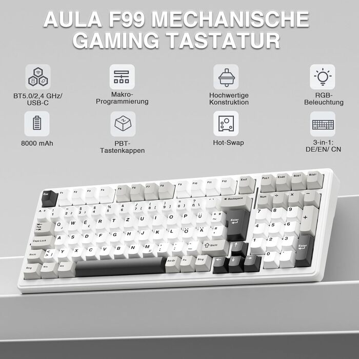 Ігрова механічна клавіатура AULA F99 бездротова, QWERTZ, BT5.0/2.4G/USB-C, Gasket Structure, Hot Swap, RGB, PBT клавіші, 8000mAh, Creamy Sound, 95% механічна (білий сірий)