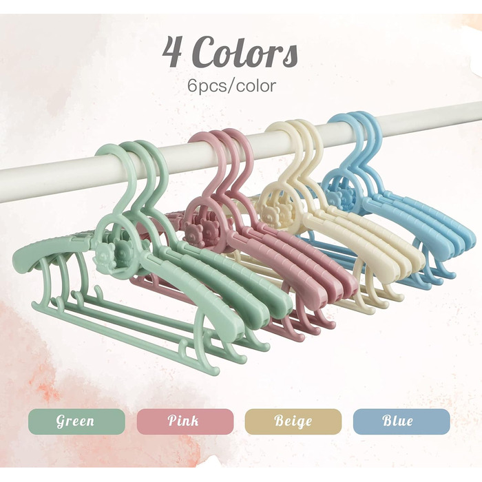 Набір дитячих вішалок для одягу 24 шт. Зростаючі вішалки для дітей з бантиками, нековзкі, для малюків та дошкільнят, кольорові
