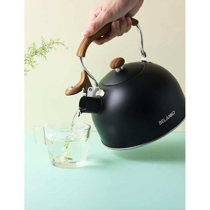 Чайник BELANKO з свистком, 2,5 л, нержавіюча сталь, з дерев'ястим малюнком, складаний ручка, для чаю, кави, молока – блакитний (чорний)