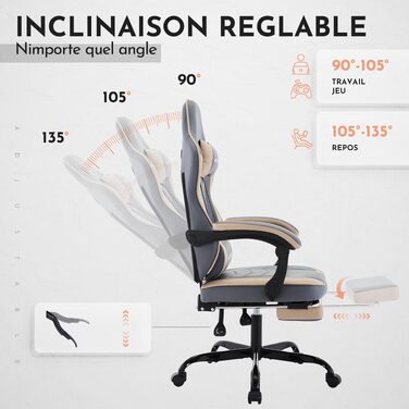 Ігрове крісло Gaming Chair з підніжкою та ергономічною підтримкою попереку, регульована спинка 90-135°, офісне крісло для геймерів (Techbeige)