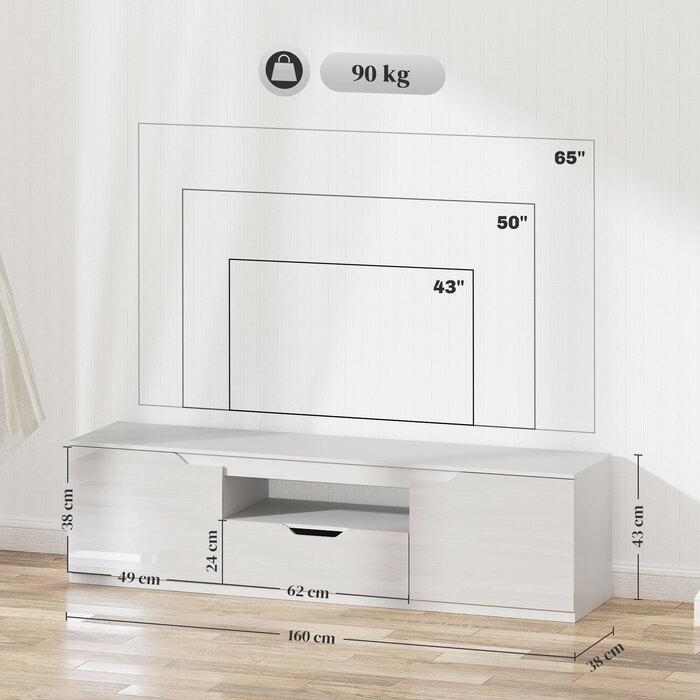 HOMCOM TV Stand with High-Gloss Finish, Holds TVs up to 65'', 3 Shelves, 1 Drawer, 160 x 38 x 43 cm, White