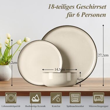 Сервіз посуду Joyfair на 6 осіб, 18 предметів, кераміка, з реактивною глазурью, тарілки для їжі, десертні тарілки, миски для каші, підходить для мікрохвильової печі та посудомийної машини, (Riff Khaki)