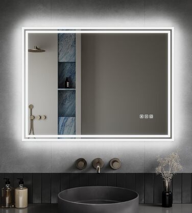 Дзеркало для ванної кімнати з підсвічуванням 60x50x3,5 см, LED, 6400K, холодний білий, енергозбереження, вертикальне/горизонтальне, з вимикачем, антизапар, 3 колірні температури