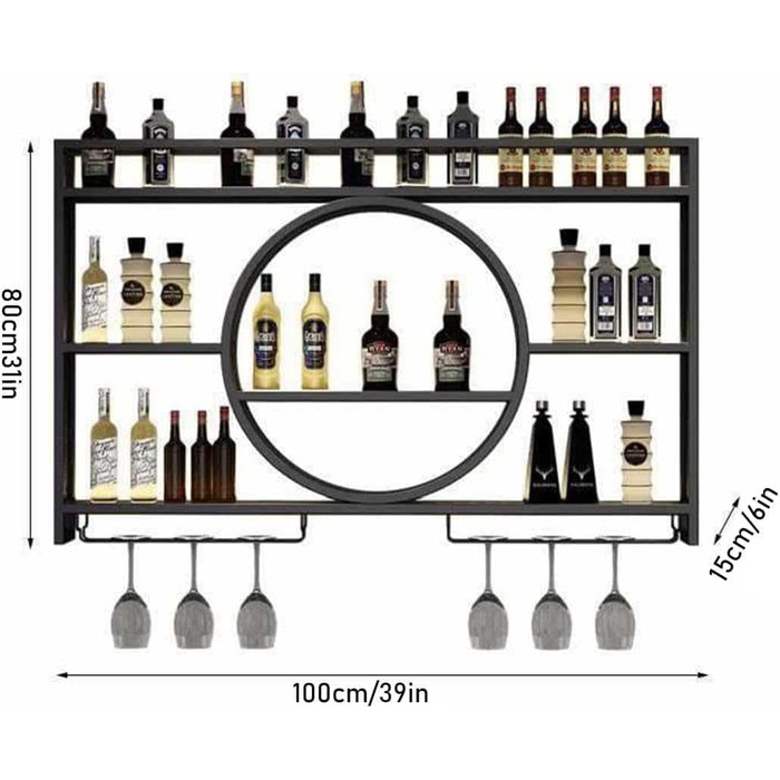Металева вітрина для вина на стіну, круглий винний стеллаж, шафа для вина з металу, для бару, полиці для бару, багатофункціональна вітрина для дому, ресторану, бару (100x15x80 см, Чорний)