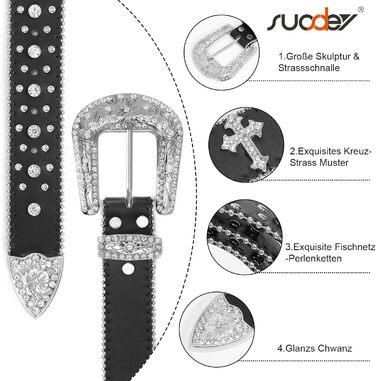 Чоловічий/Жіночий шкіряний ремінь SUOSDEY з стразами, декоративним хрестом, стиль ковбойський/вестерн, ширина 3.8 см, колір чорний/білий, довжина 115 см, підходить для талії 84-98 см