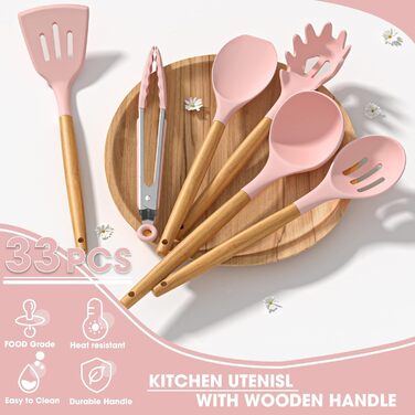 Набір кухонних аксесуарів Umite Chef, 33 шт., з антипригарним покриттям, силікон, з держателем, рожевий