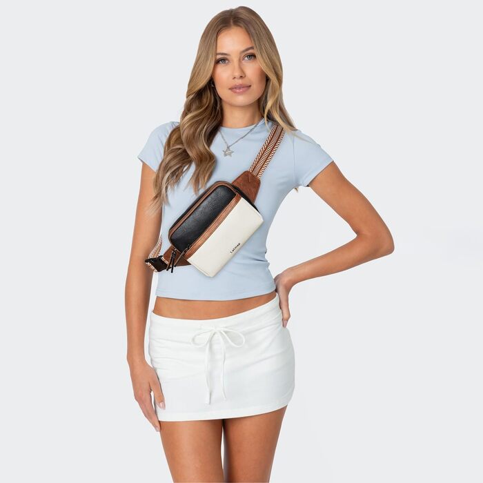 Women's Fanny Pack, Small Crossbody Bag for Women, PU Leather Theft-Proof Bag, Waterproof Waist Bag for Women, Hip Bag for Women for Outdoor Sports, Travel, Cycling (Beige with Black)