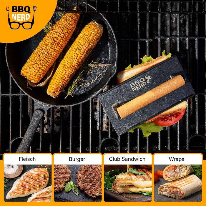 Прес для м'яса з чавуну з дерев'яною ручкою, 18 см, круглий - прес для бургерів, гриль-прес, вага для BBQ, м'яса, бекону, сиру, сендвічів. Діаметр 18 см, круглий (21 x 11 см - квадратний, чорний)