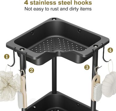 Orimade 4-Piece Shower Caddy Standing Stainless Steel, Corner Shower Shelf Freestanding with 4 Hooks, Plastic-Metal Combination Shower Baskets Floor Standing for Bathroom, 10 x 10 x 44.6 inches Black
