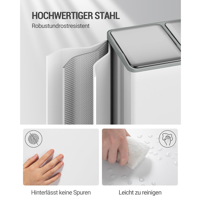 Відро для сміття з сортуванням 60 л, нержавіюча сталь, з педаллю, 2 відділення, SW06099E (біле)