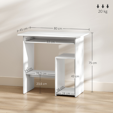 HOMCOM Desk, 80 x 45 cm, Computer Desk, Office Desk with Keyboard Tray, Open Compartments and Storage Surfaces, Chipboard, for Home Office, Bedroom, White | Aosom