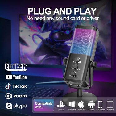 Мікрофон USB для ігор та стрімінгу з RGB підсвічуванням та шумозаглушенням. Підходить для ПК, PS4, PS5, Mac, запису подкастів та ASMR.