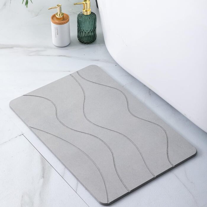 Діатомітовий килимок для ванної Pure 4Home Kieselgur 60x40 см, швидкосохнучий та антибактеріальний, ковзаннястійкий, сірий (Waves Gray)