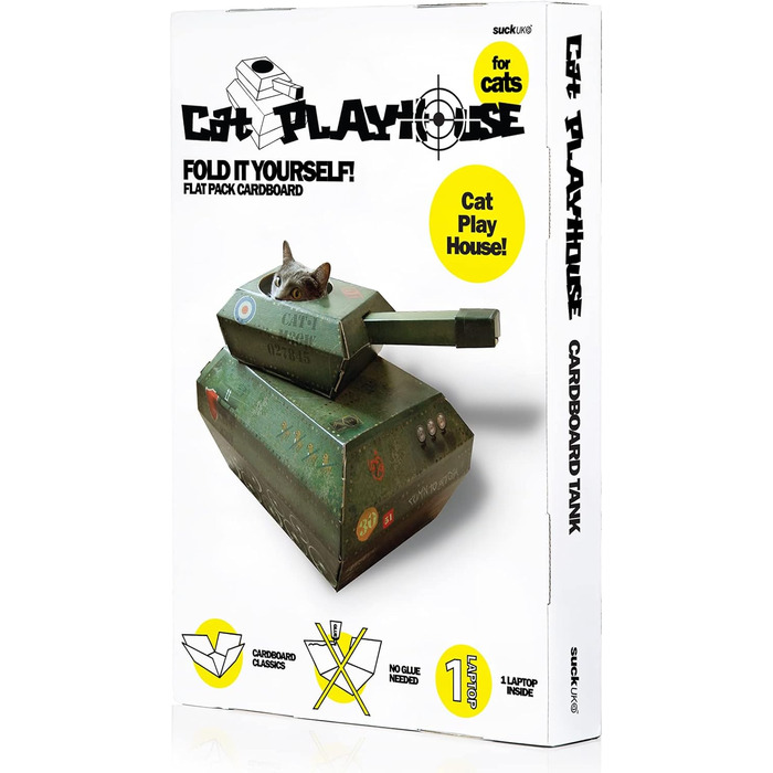 Будиночок для котів Tank від Suck UK: картонний будиночок, іграшка та ліжко для котів, інтерактивна іграшка, оригінальне аксесуар та подарунок для котів, іграшка для дому та вулиці