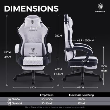 Ігровий крісло Dowinx з тканиною, пружинним сидінням та масажем попереку, з підніжкою для дорослих. Ергономічний ігровий крісло великого розміру, сірий (135 кг)