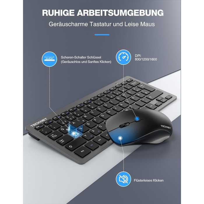 TECKNET Бездротовий Набір Клавіатури та Миші, QWERTZ, 2.4 GHz, 15м, Безшумна Клавіатура та Миша для ПК, Ноутбука, Smart TV, Білий (Сірий)