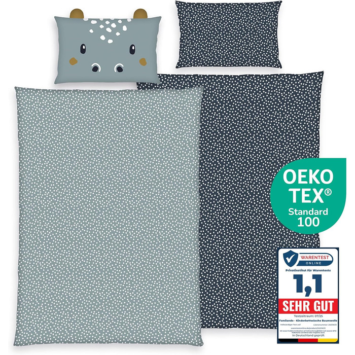 Дитяча постільна білизна (комплект 2 шт.) з 100% бавовни Oeko-Tex: ковдра 100x135 см та подушка 40x60 см, на блискавці, дихаюча, регулює температуру, з тваринами (Гіпопотам)